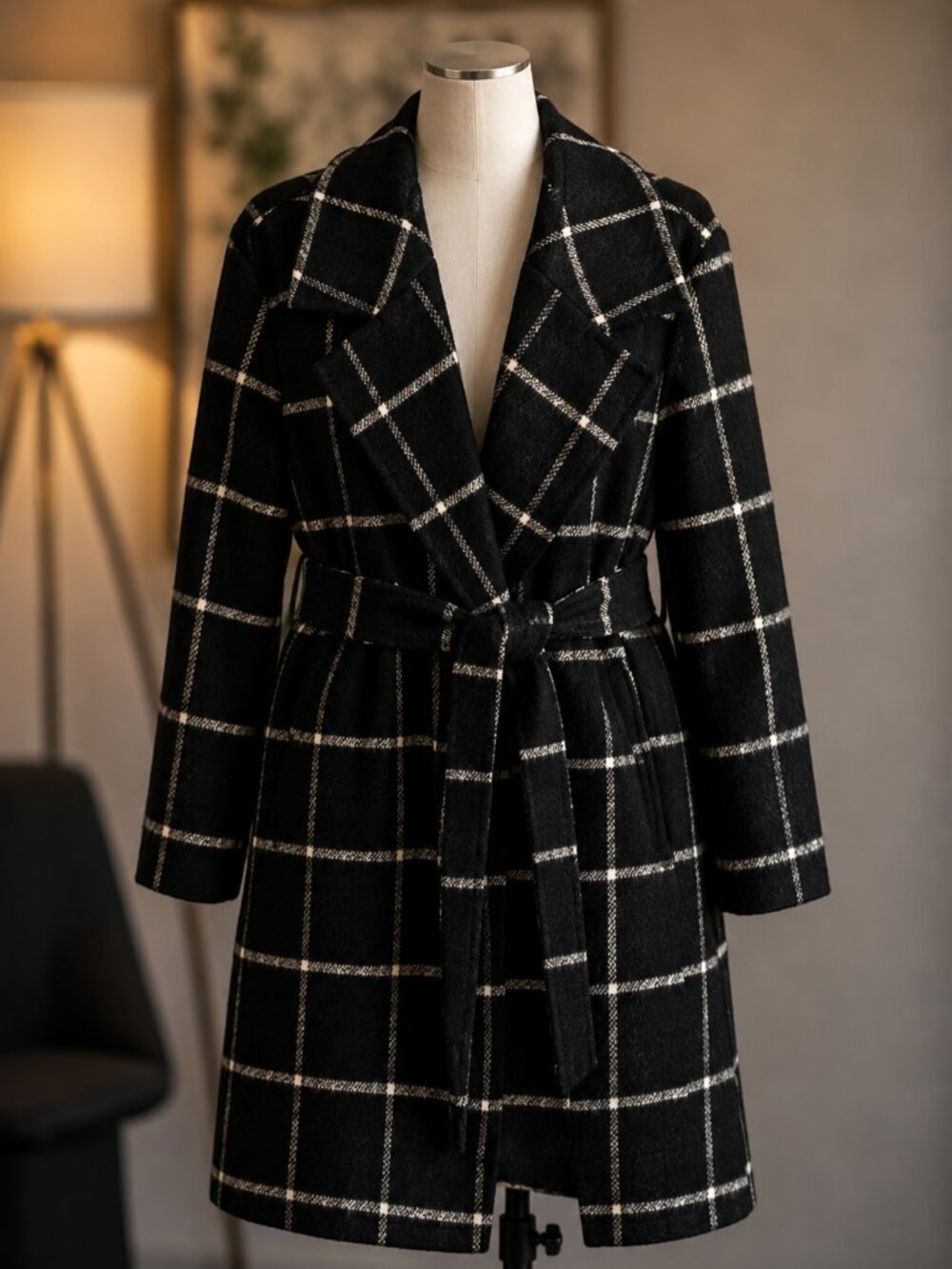 Calf Length black and white plaid winter overcoat